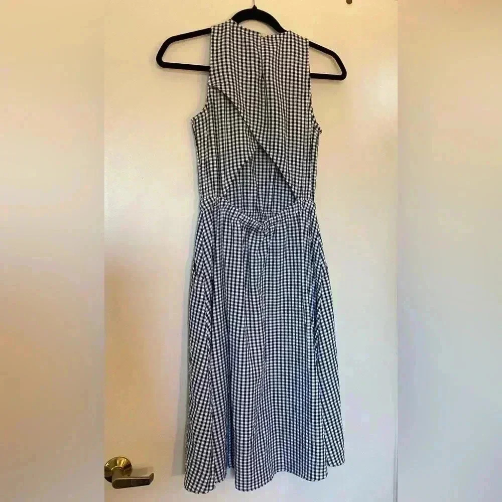 Loft Black & White Gingham Crossover Open Back Pocket Midi Dress in XXSP - Picture 3 of 9